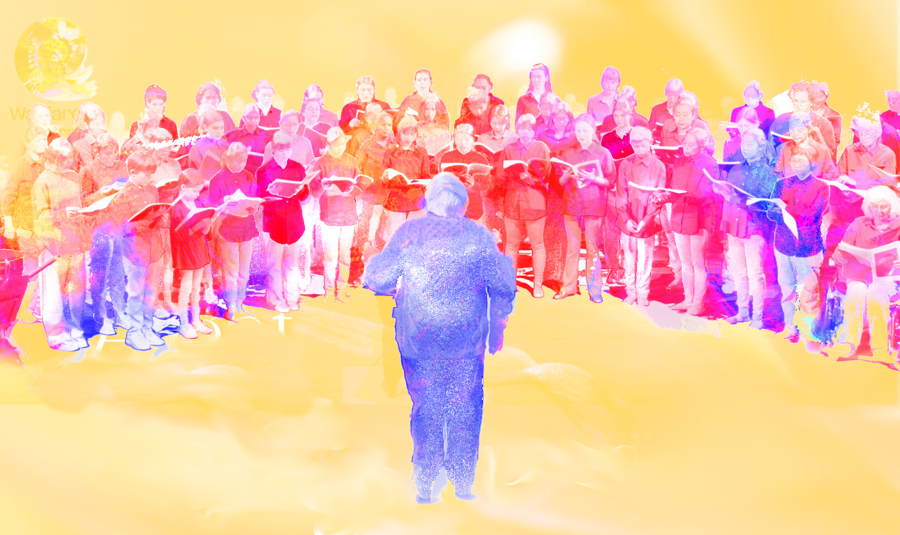 A choir singing together in a wash of golden yellow, pink, and violet light