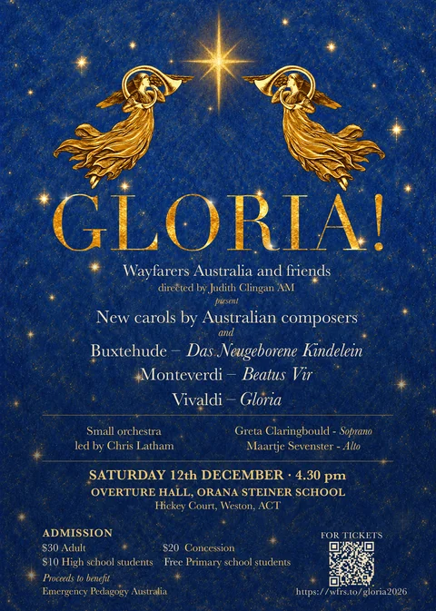 The approved blue and gold Gloria concert flyer, with two angels beneath a guiding star.
